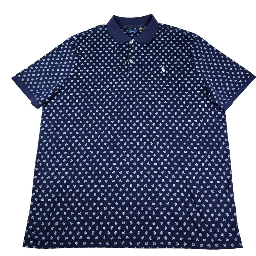NWT Polo Ralph Lauren Men Blue Horseshoe Medallion Print Polo Shirt XXL /‎ 2XL